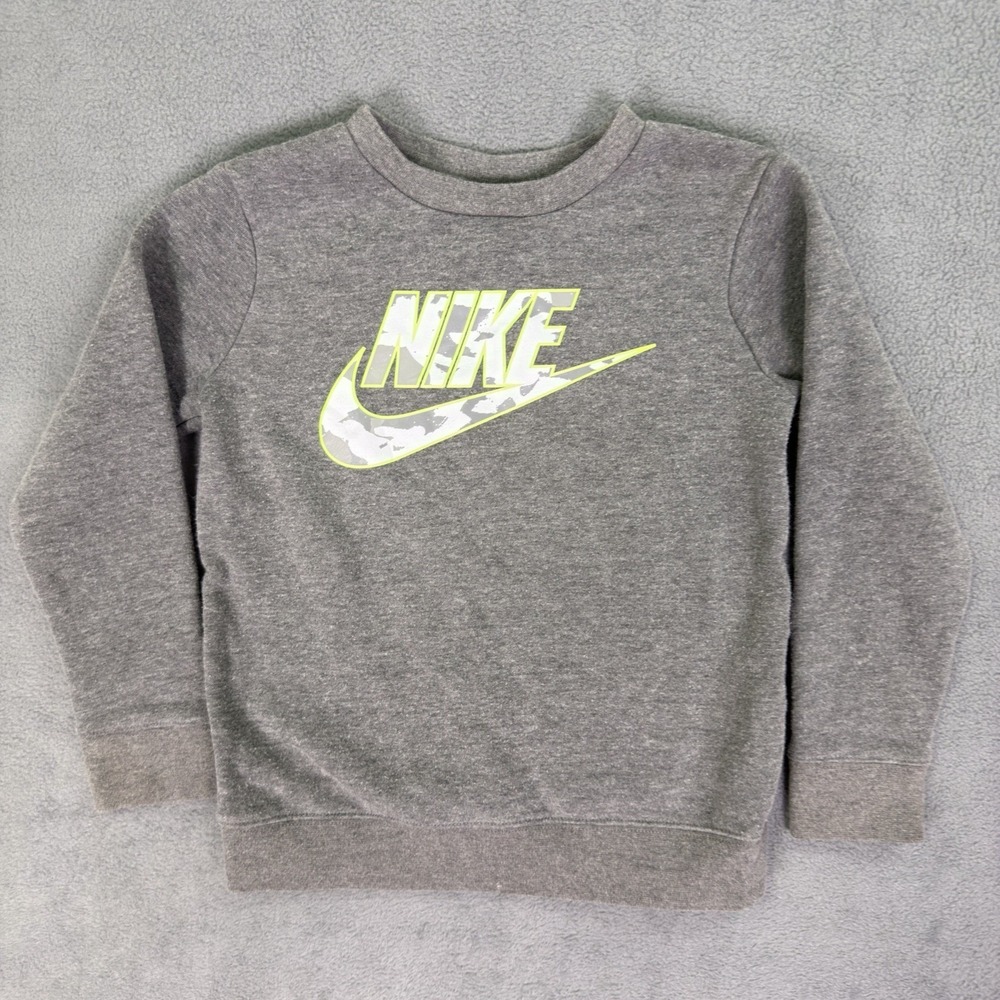 Nike Shirt Boys Medium 6 Gray Long Sleeve Fleece Swish Logo Crew Neck Pullover